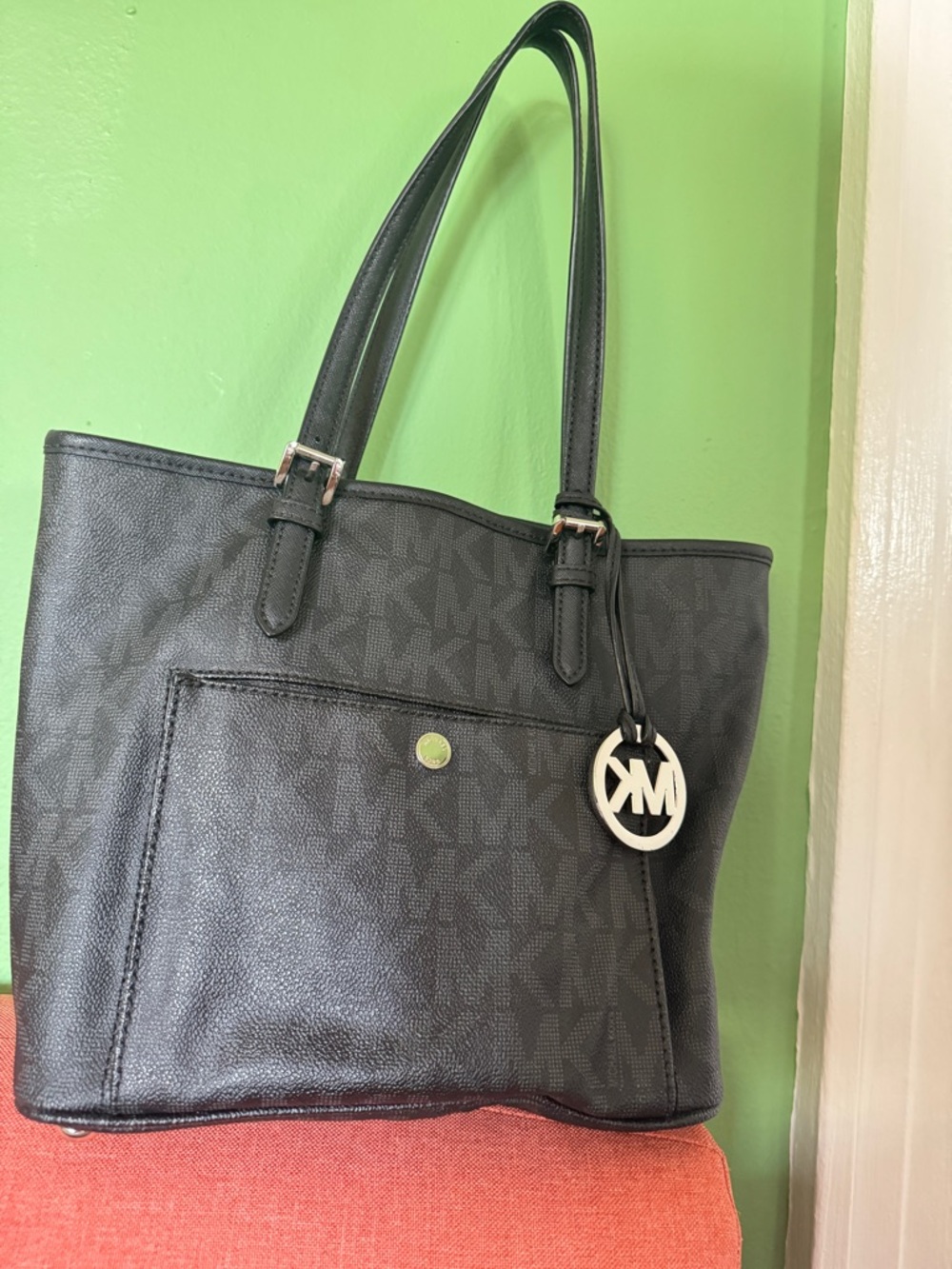 Michael Kors Black Monogram Jet Tote with Silver Logo Charm